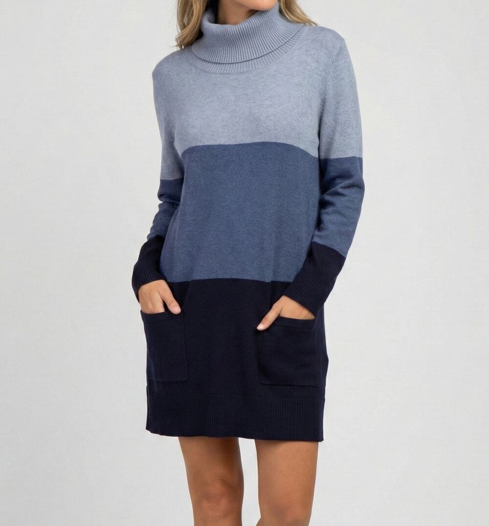 Eight Eight Eight XL Blue ColorBlock Turtleneck Long Sweater 100% Cotton